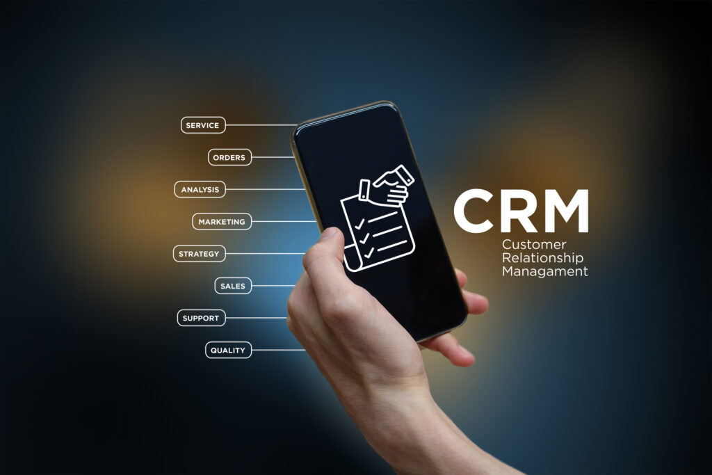 CRM - Customer Relationship Managament - icon with keywords